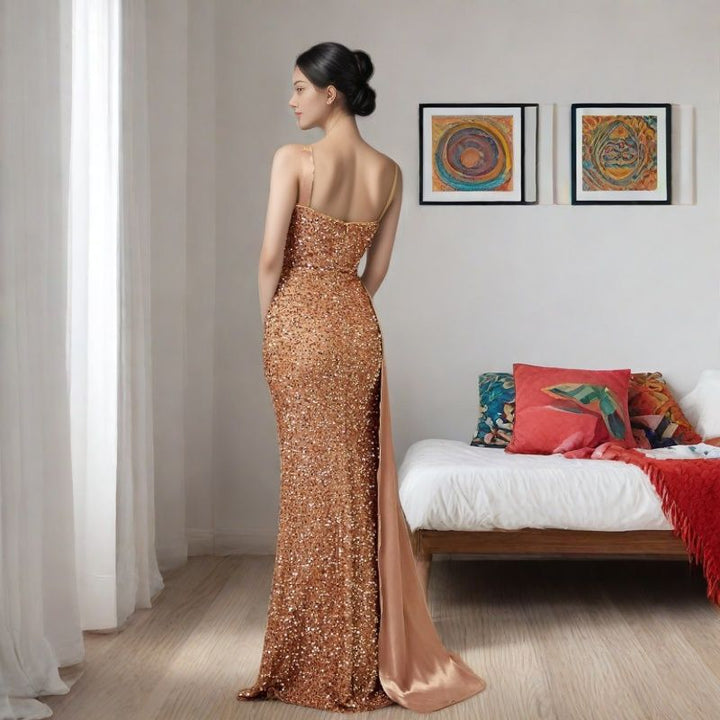 Ladies Glamorous Evening Dress with Shimmering Sequins and Elegant Slit Lisslune