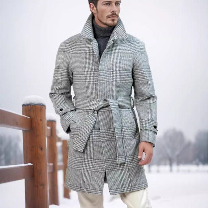 Men's elegant trench coat with modern check pattern and waist belt Lisslune