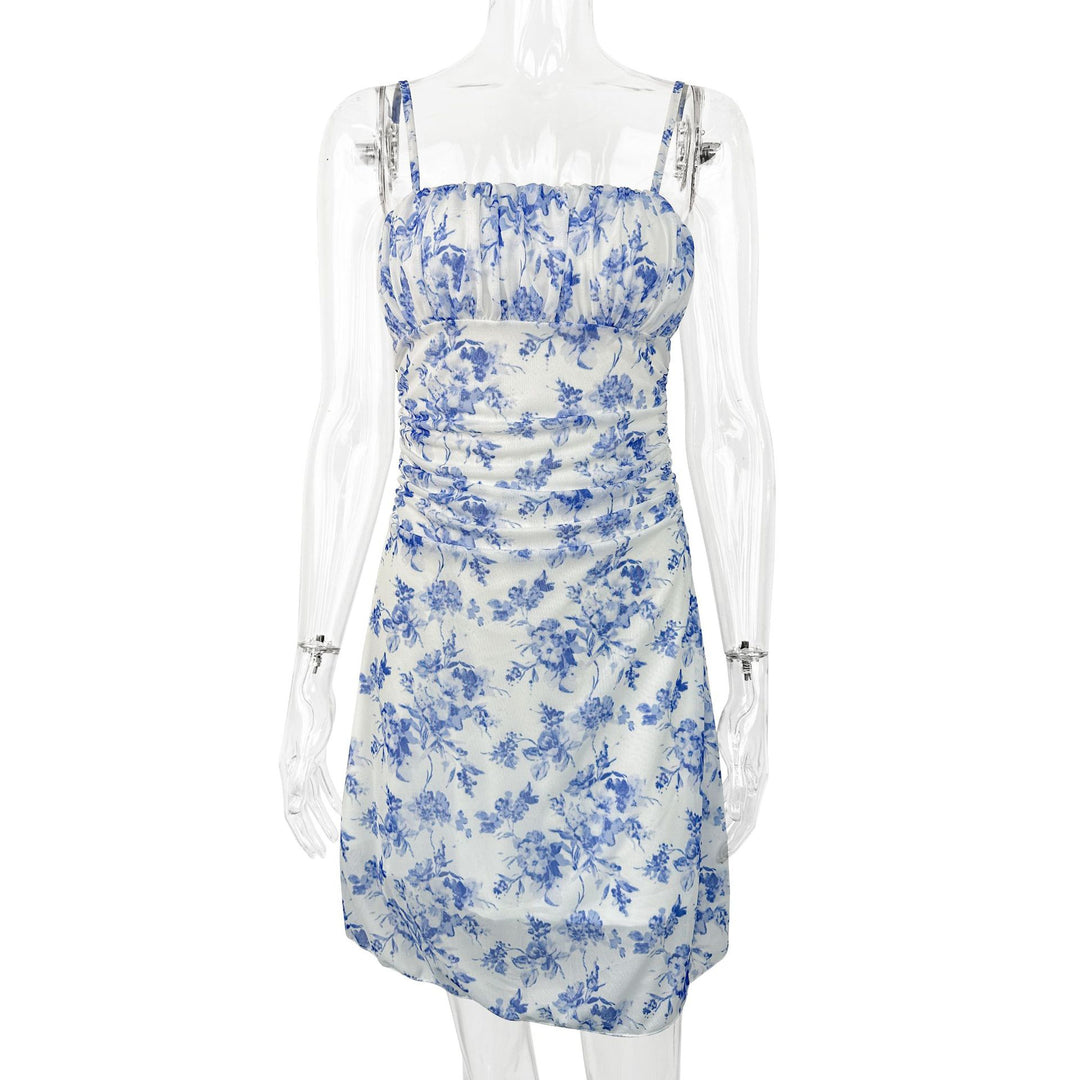 Damen Sommerliches Blumenkleid mit Spaghetti-Trägern und Raffungen Lisslune