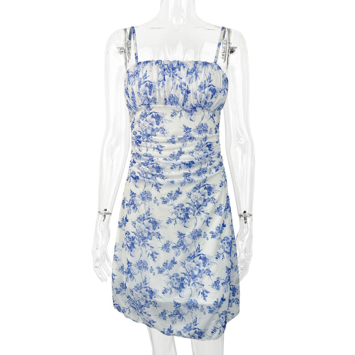 Damen Sommerliches Blumenkleid mit Spaghetti-Trägern und Raffungen Lisslune