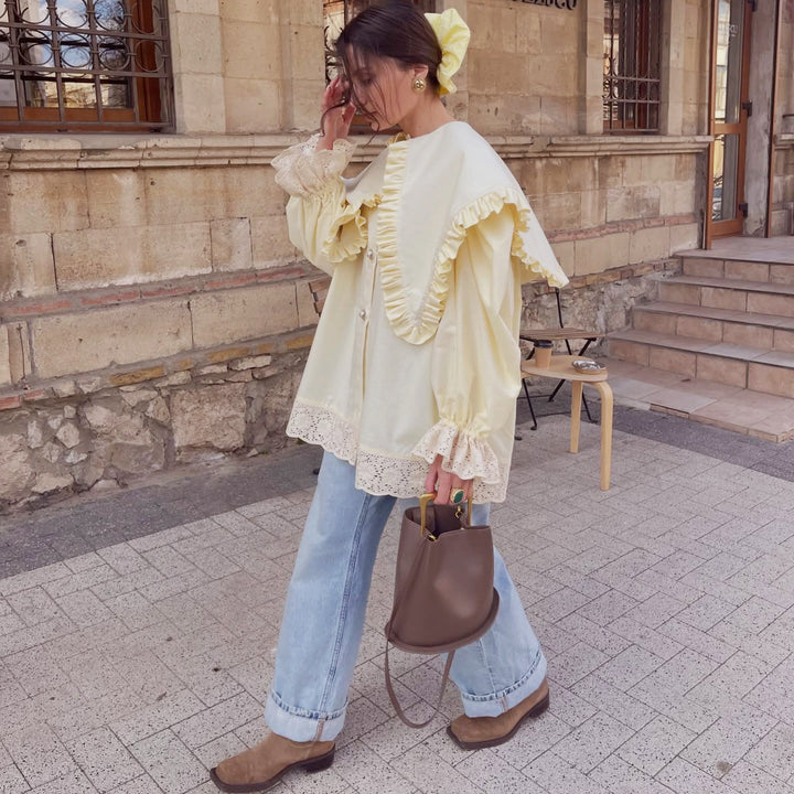 Women's oversized blouse with ruffle details and lace trim Lisslune