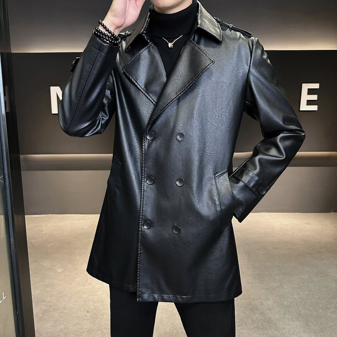 Men's Fashionable Synthetic Leather Trench Coat with Double Button Placket Lisslune