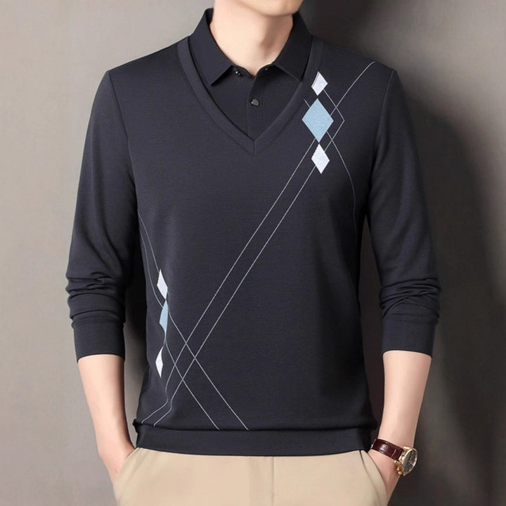 Men's elegant long-sleeved sweater with V-neck and modern pattern Lisslune