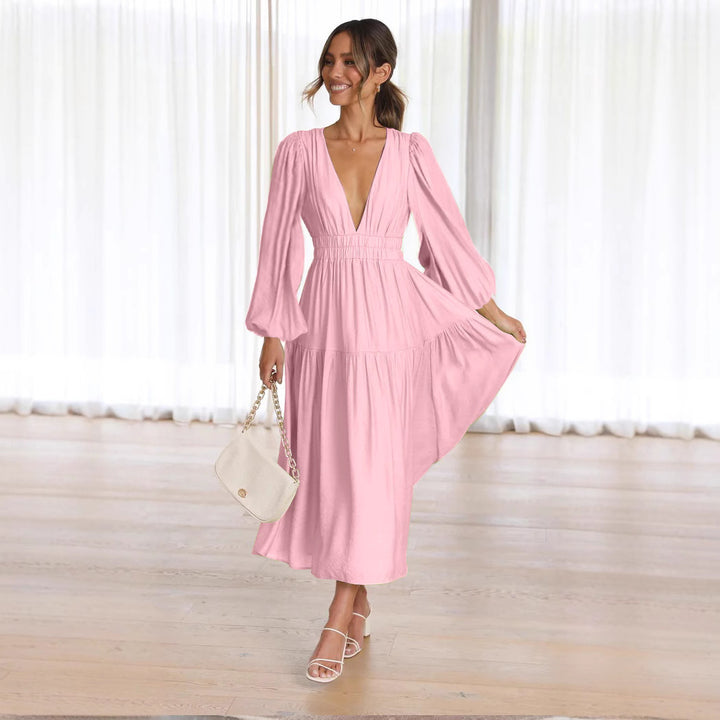Women's long-sleeve maxi dress with deep V-neck and wide skirt Lune London