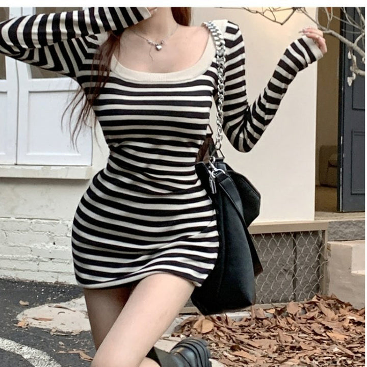 Women’s fitted long sleeve dress with block stripes and wide neckline