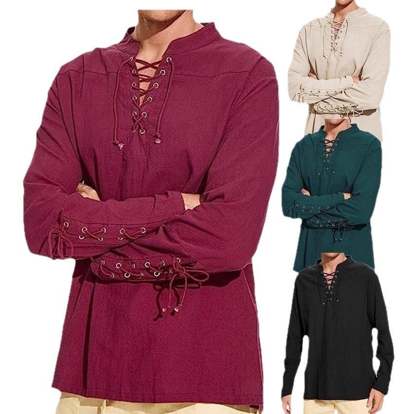 Men's linen shirt with original lacing design and casual stand-up collar Lisslune