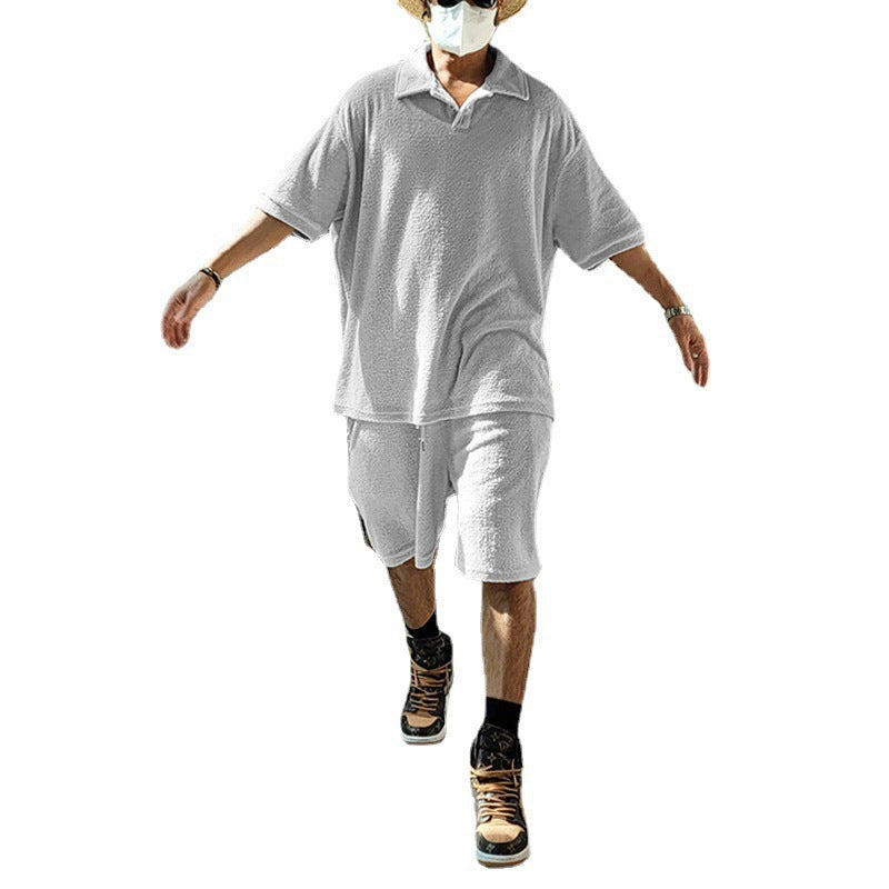 Men's casual oversized t-shirt and shorts combination with button placket and practical pockets Lisslune
