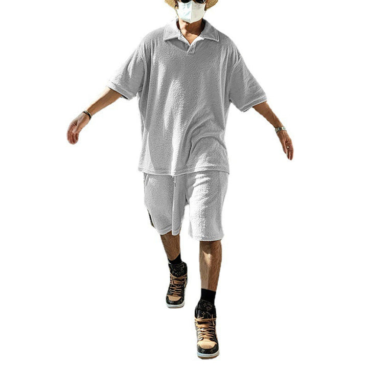 Men's casual oversized t-shirt and shorts combination with button placket and practical pockets Lisslune