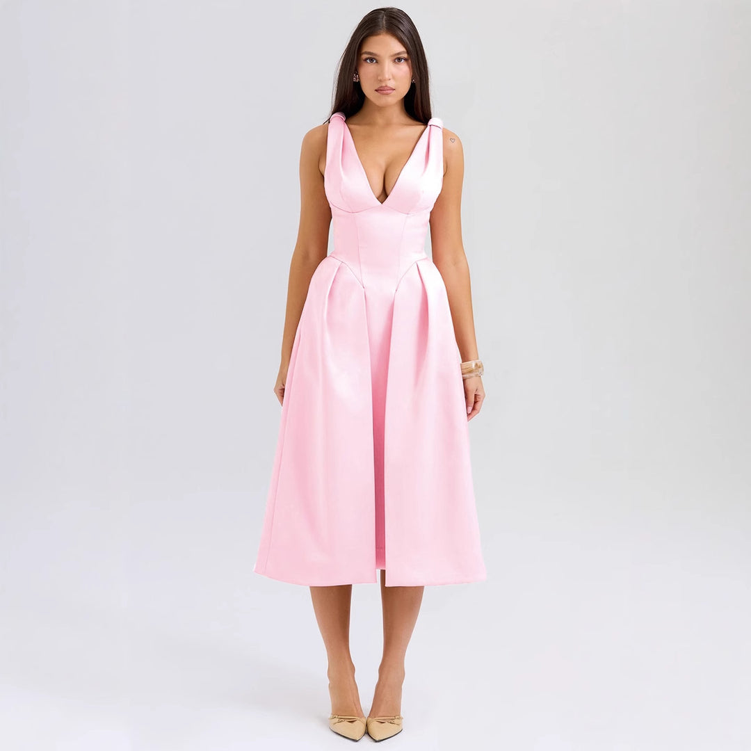 Women's Elegant Wrap Dress with Deep V-Neck and Flared Skirt Lisslune