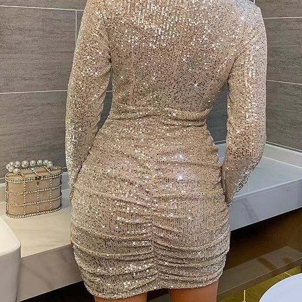Women's Sparkling Mini Dress with Figure-Hugging Cut and V-Neck