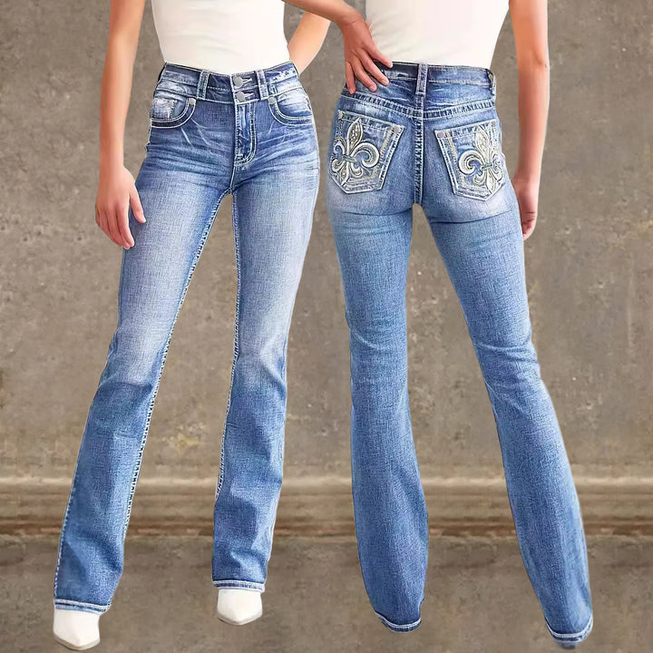 Women's Flared Jeans in Vintage Style with High-Grade Detail and Refined Embroidery Lisslune