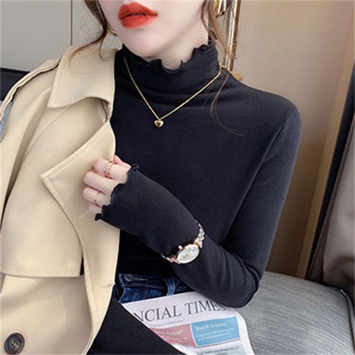Women's Long Sleeve Turtleneck Top with Fine Rib Design and Casual Fit