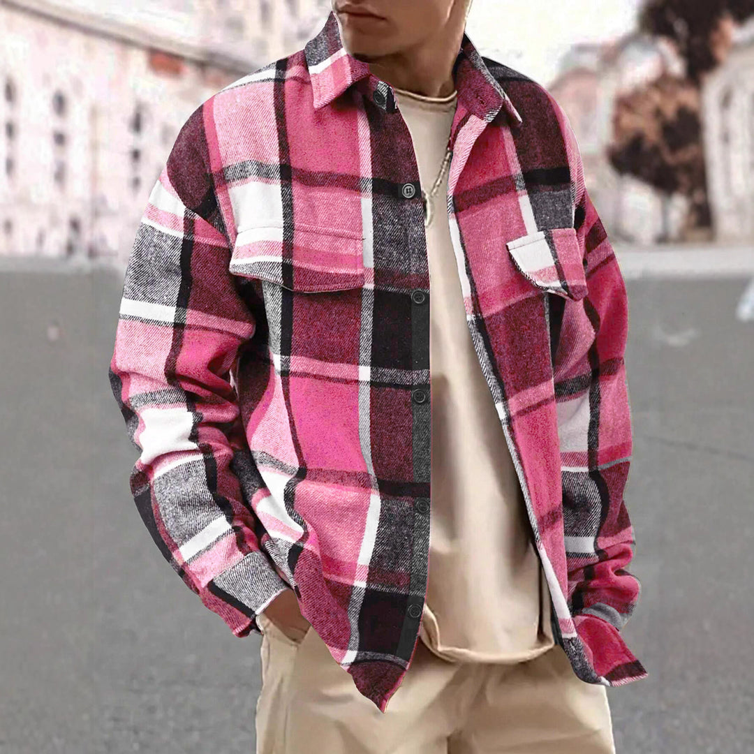 Men's Checkered Flannel Jacket with Two Chest Pockets and Modern Cut Lisslune
