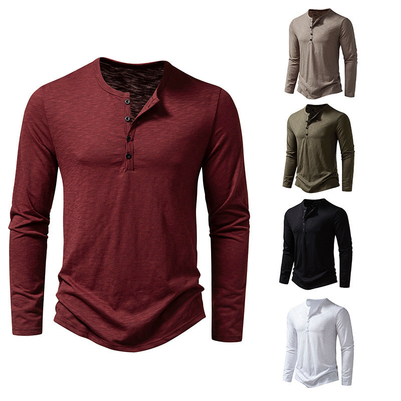 Men's Long Sleeve T-Shirt with Button Placket and Fashionable Stand-up Collar Lisslune