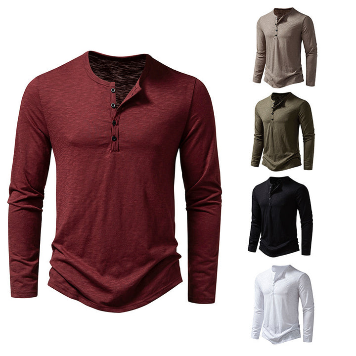Men's Long Sleeve T-Shirt with Button Placket and Fashionable Stand-up Collar Lisslune