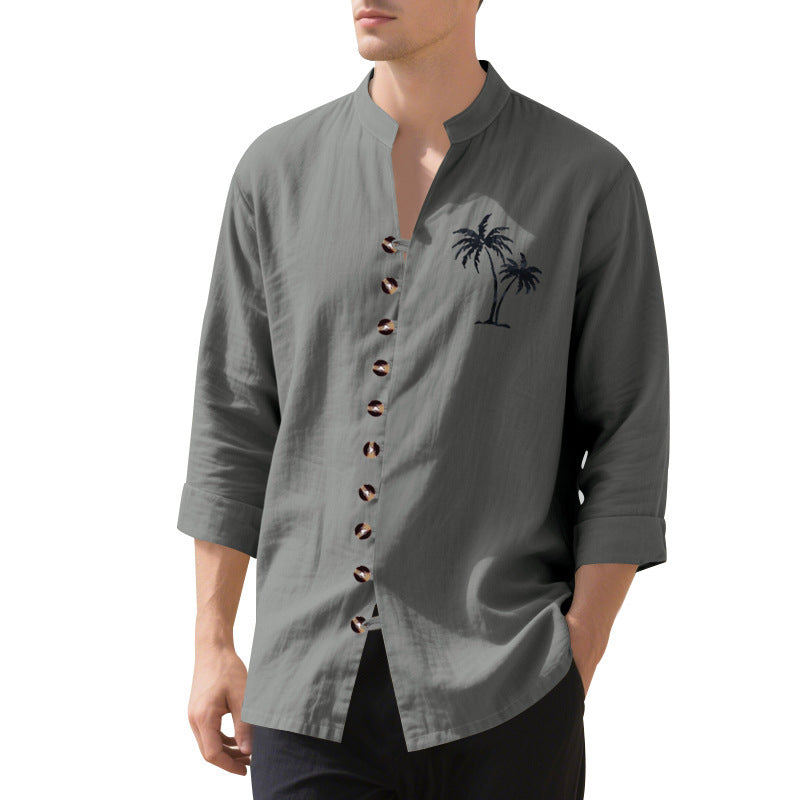 Men's long-sleeve shirt with embroidered palm motif and button placket Lisslune