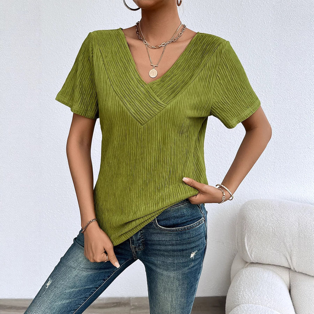 Women's casual V-neck shirt with flowing design and short sleeves Lisslune