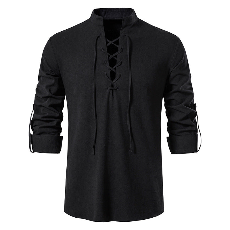 Men's Long Sleeve Shirt with Fashionable Lacing Lisslune