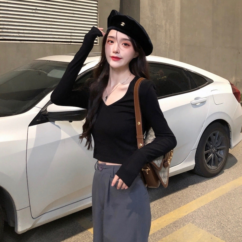 Women Cropped Long Sleeve Shirt with Fashionable V-Neck and Comfortable Materials Lisslune