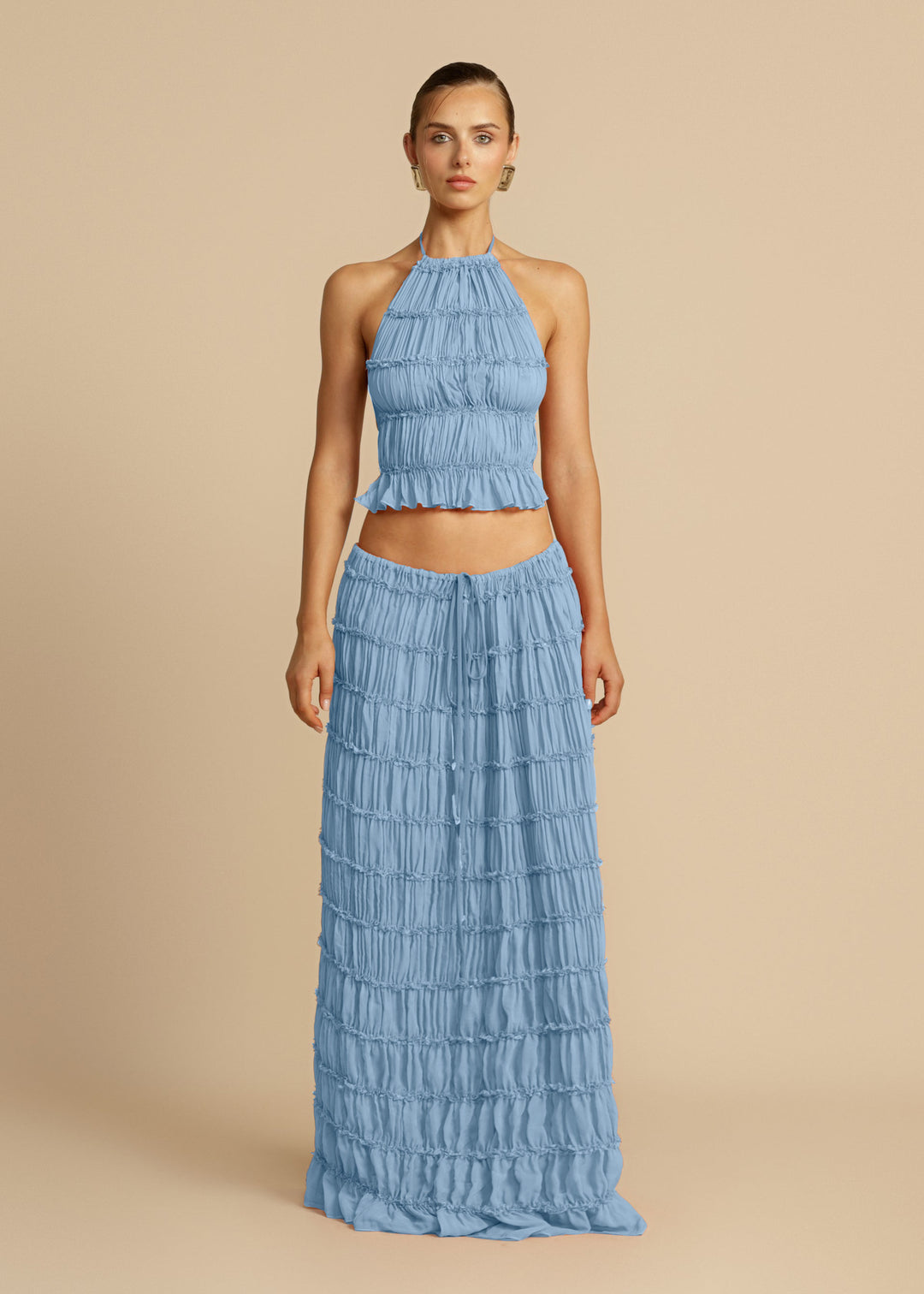 Women's Elegant and Playful Two-Piece Summer Dress with Ruffled Top and Flowing Skirt