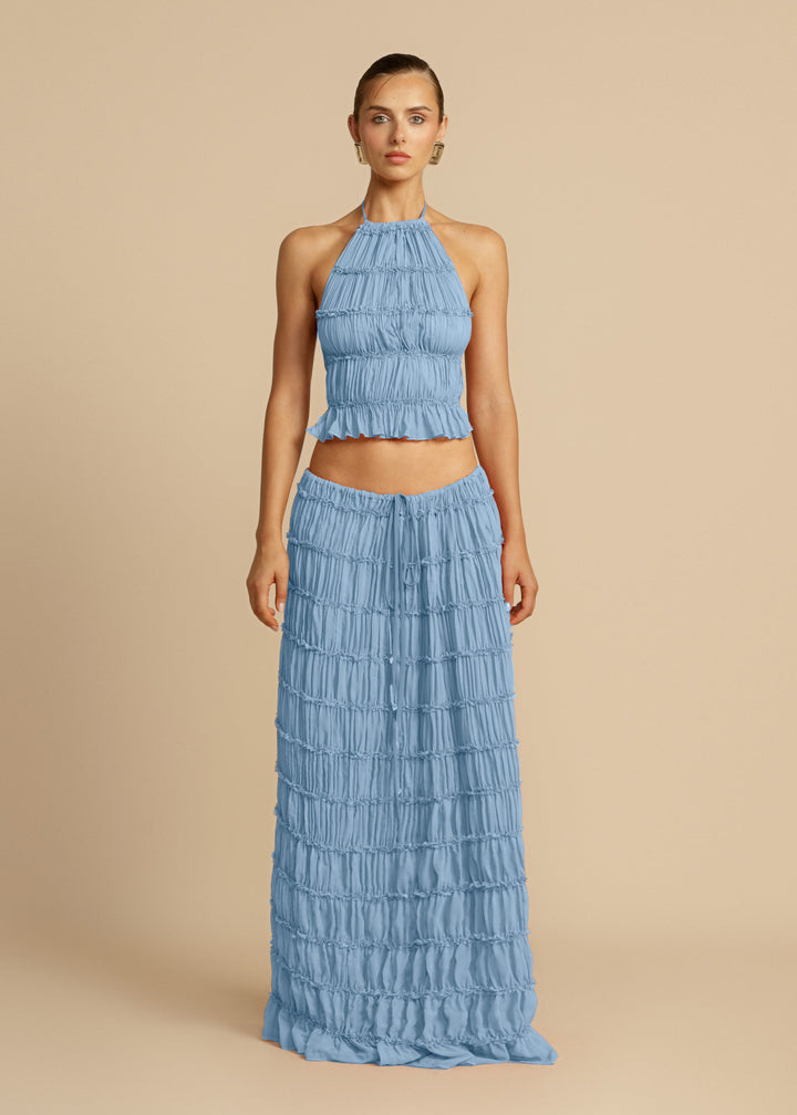Women's Elegant and Playful Two-Piece Summer Dress with Ruffled Top and Flowing Skirt