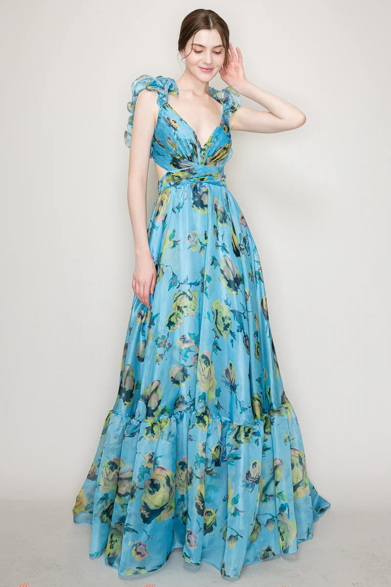 Women's maxi dress with airy ruffle details and extravagant wrap design