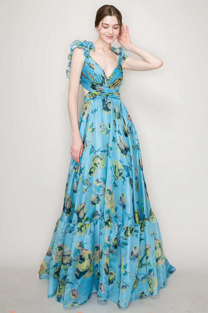 Women's maxi dress with airy ruffle details and extravagant wrap design