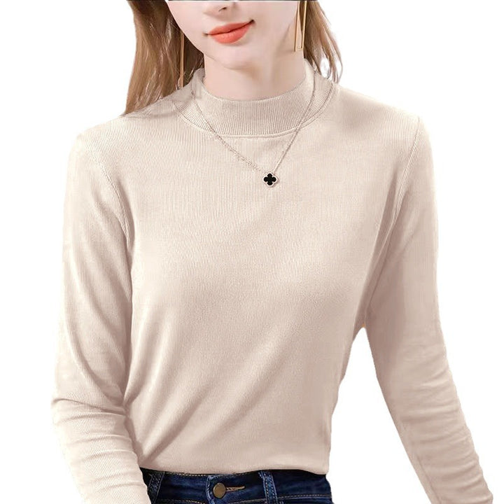 Women's long sleeve ribbed top with elegant stand-up collar and fitted cut