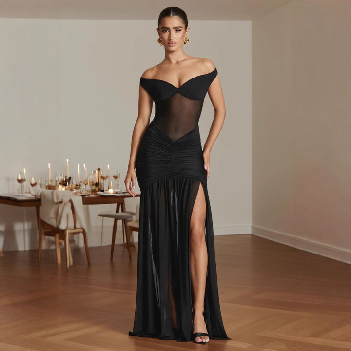 Women's figure-hugging evening dress with off-the-shoulder design and side slit Lisslune