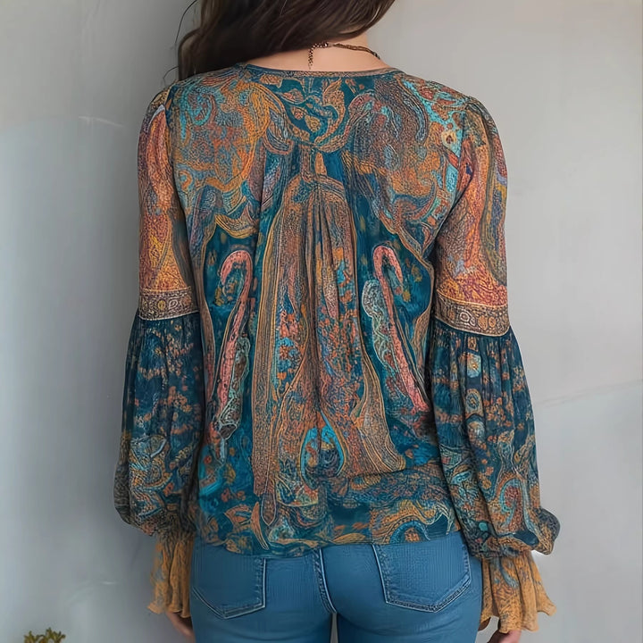 Damen Boho-Chic Bluse mit geflammten Ärmeln und V-Ausschnitt Lisslune