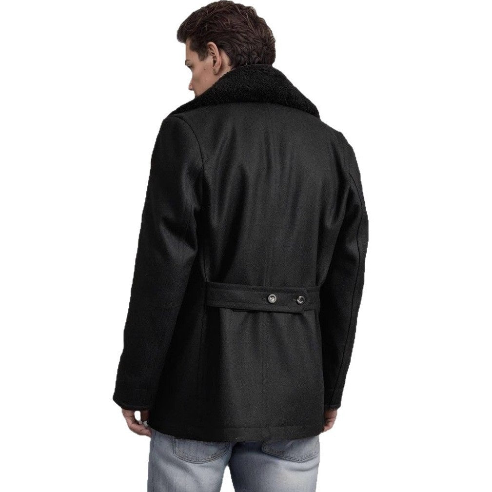 Men's elegant wool coat with high closed fur collar Lisslune