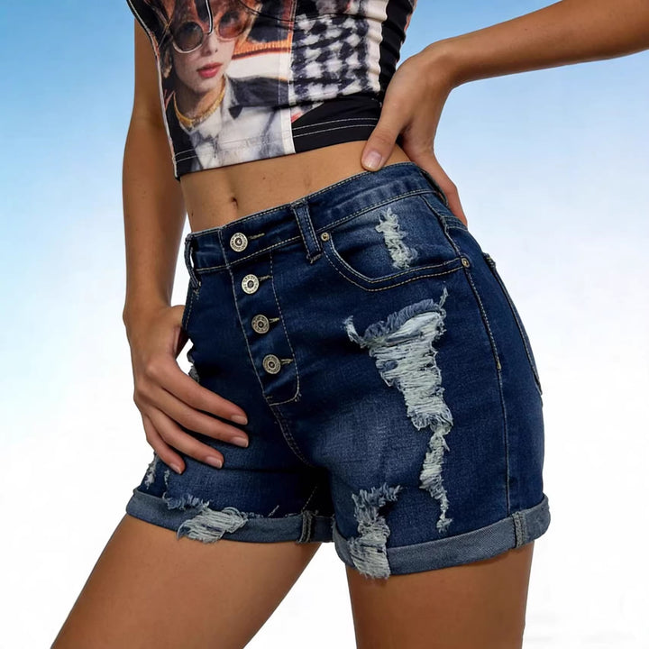Women's fashionable destroyed denim shorts with button placket Lisslune