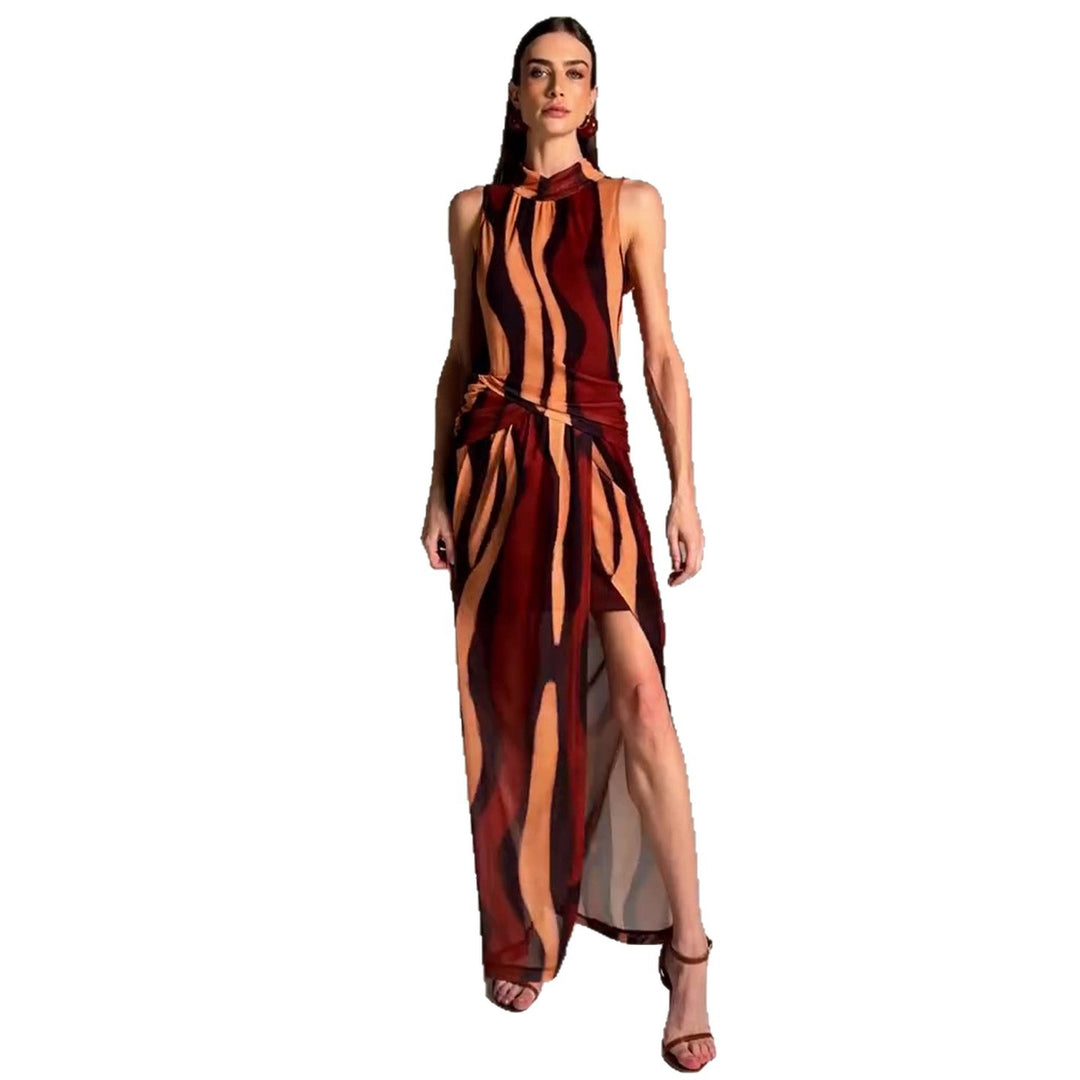 Ladies elegant maxi dress with unique stripe pattern and high collar