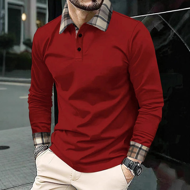Men's Long Sleeve Polo Shirt with Fashionable Check Collar Lisslune