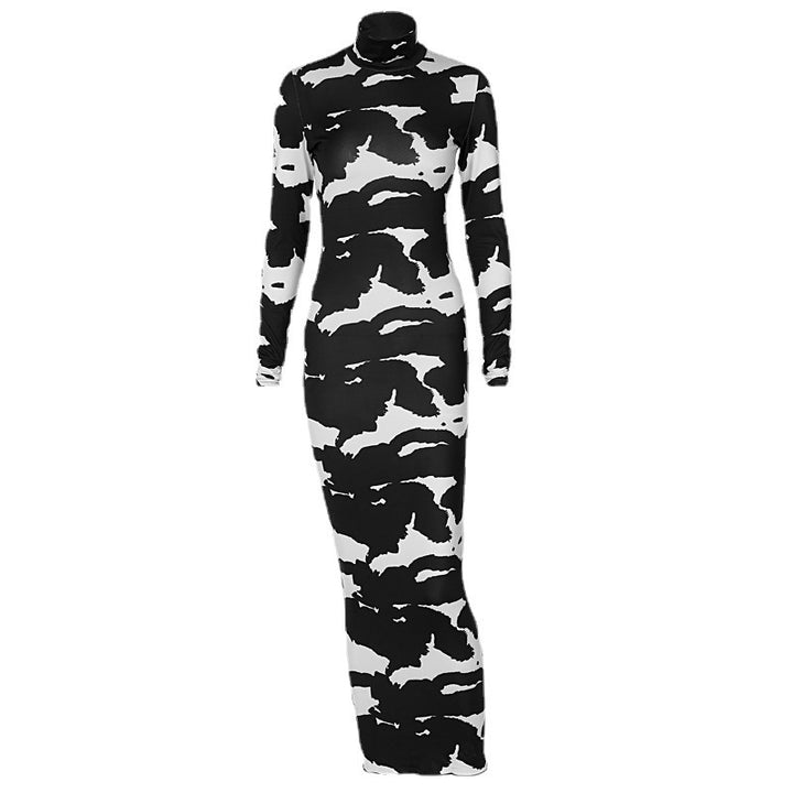 Women's Bodycon Dress with High Collar and Graphic Pattern Lisslune