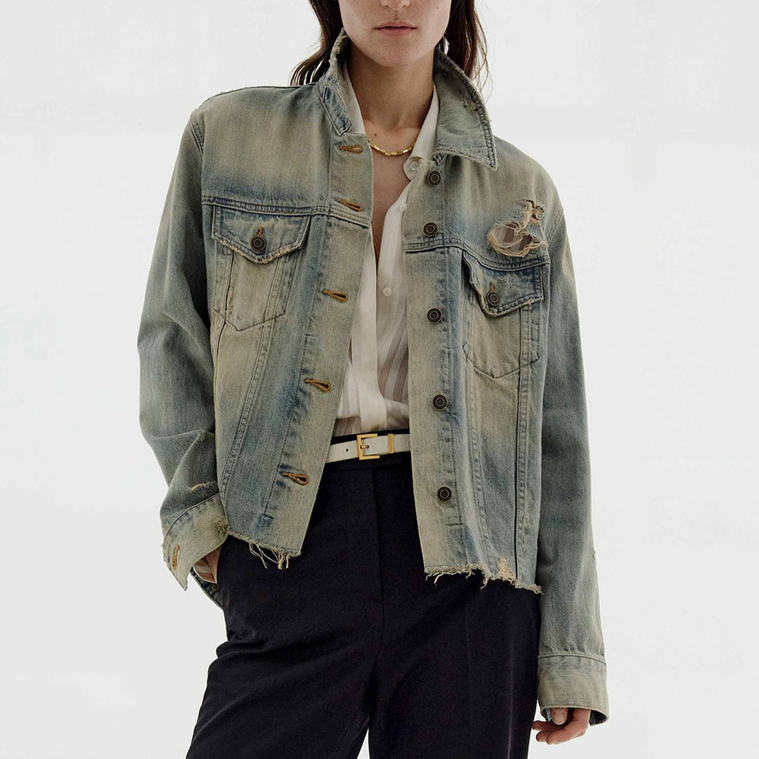 Women's fashionable denim jacket in vintage style with a casual fit and frayed details Lisslune