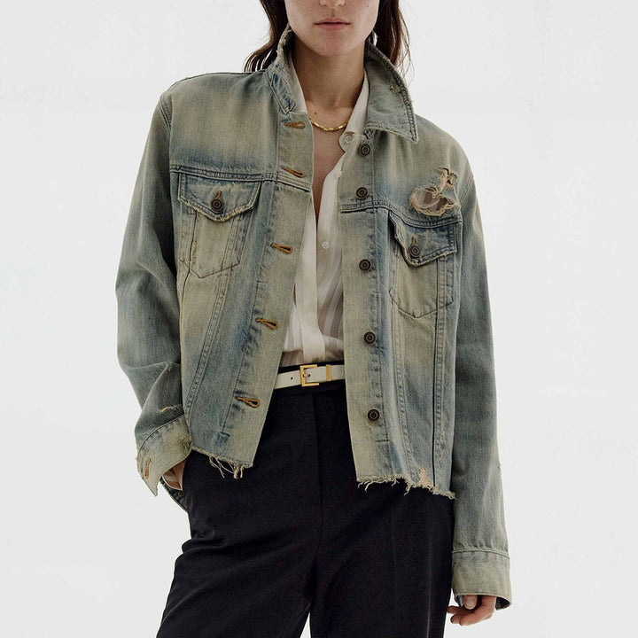 Women's fashionable denim jacket in vintage style with a casual fit and frayed details Lisslune