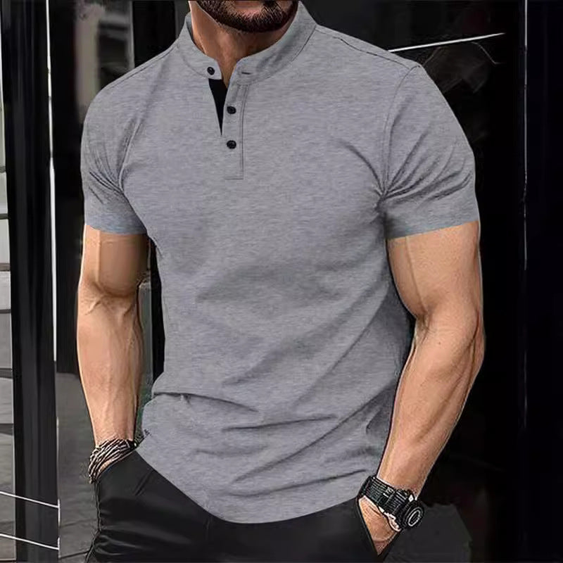 Men's stylish short-sleeve shirt with modern stand-up collar and decorative buttons Lisslune