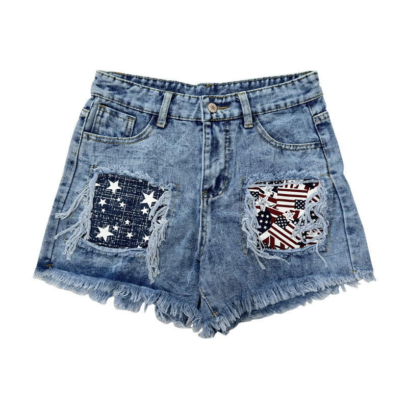 Women's destroyed denim shorts with frayed pockets and stylish patches Lisslune