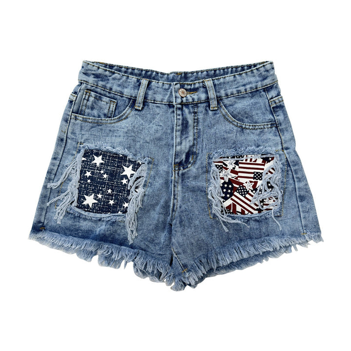 Women's destroyed denim shorts with frayed pockets and stylish patches Lisslune