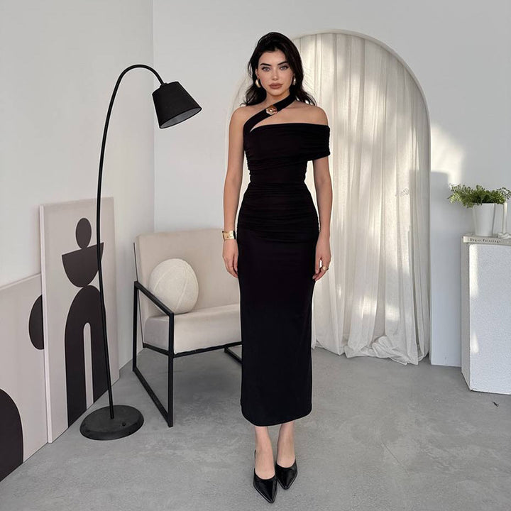 Women's Elegant Wrap Evening Dress with Asymmetric Cut and Figure-Flattering Design