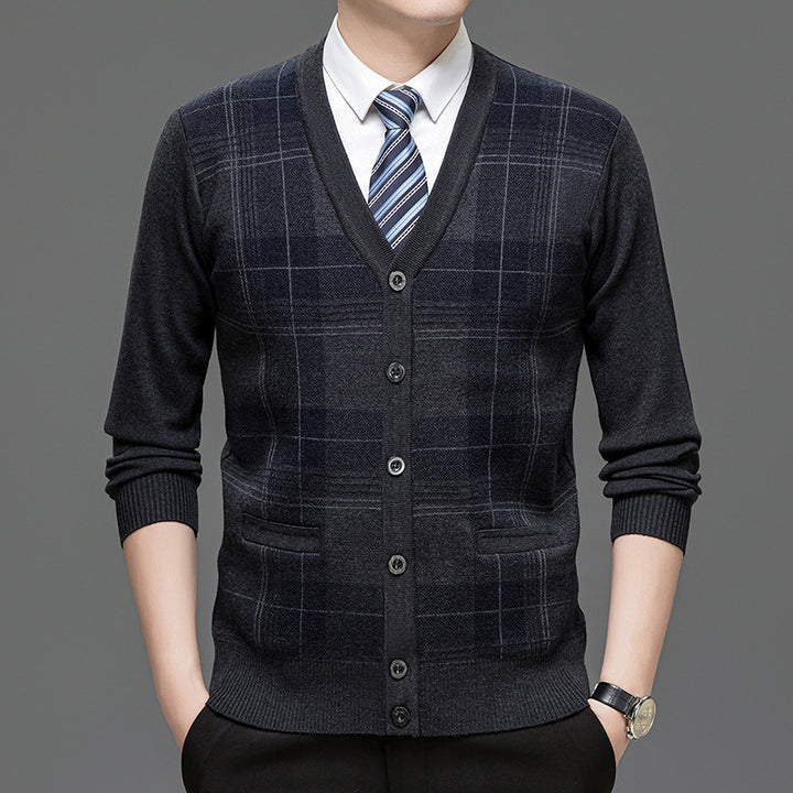 Men's Fashionable Cardigan with Classic Check Pattern and Button Placket Lisslune