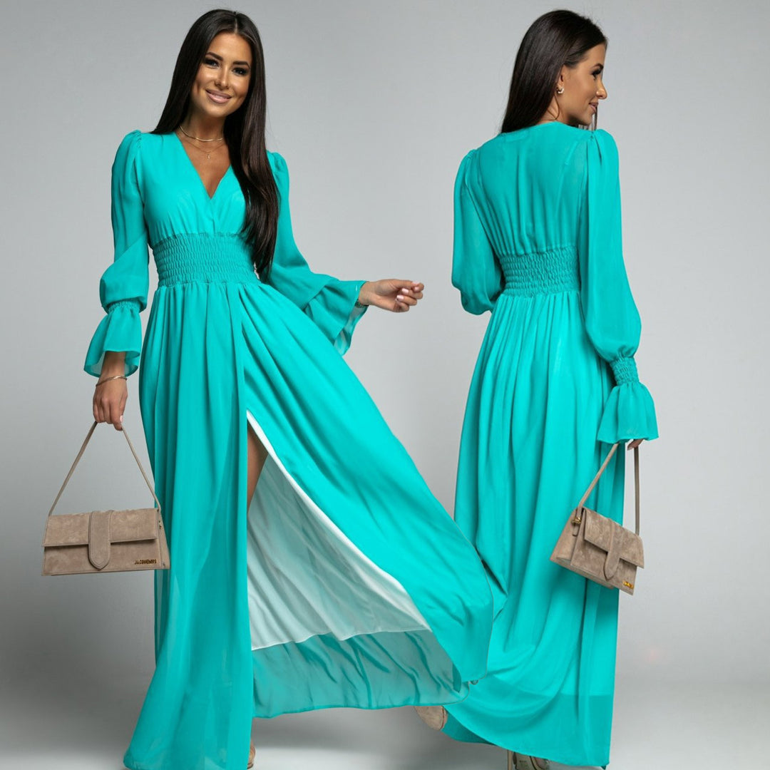 Women's maxi dress with deep V-neckline and voluminous sleeves Lune London