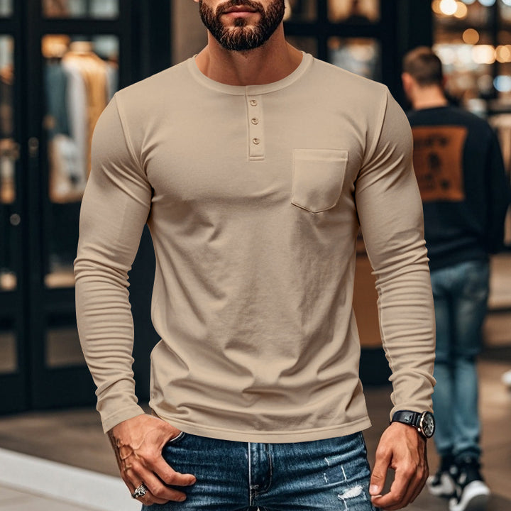 Men's long-sleeved Henley shirt with textured cotton surface and chest pocket Lisslune