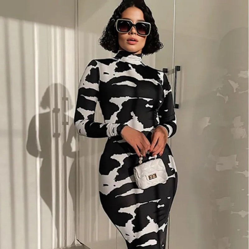 Women's Bodycon Dress with High Collar and Graphic Pattern Lisslune