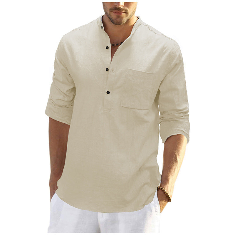 Men's linen shirt with classic Henley neckline and practical chest pocket Lisslune