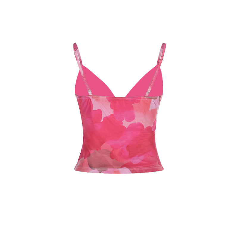 Women Elegant Spaghetti Strap Top with Floral Pattern and Sparkling Decollete Lune London
