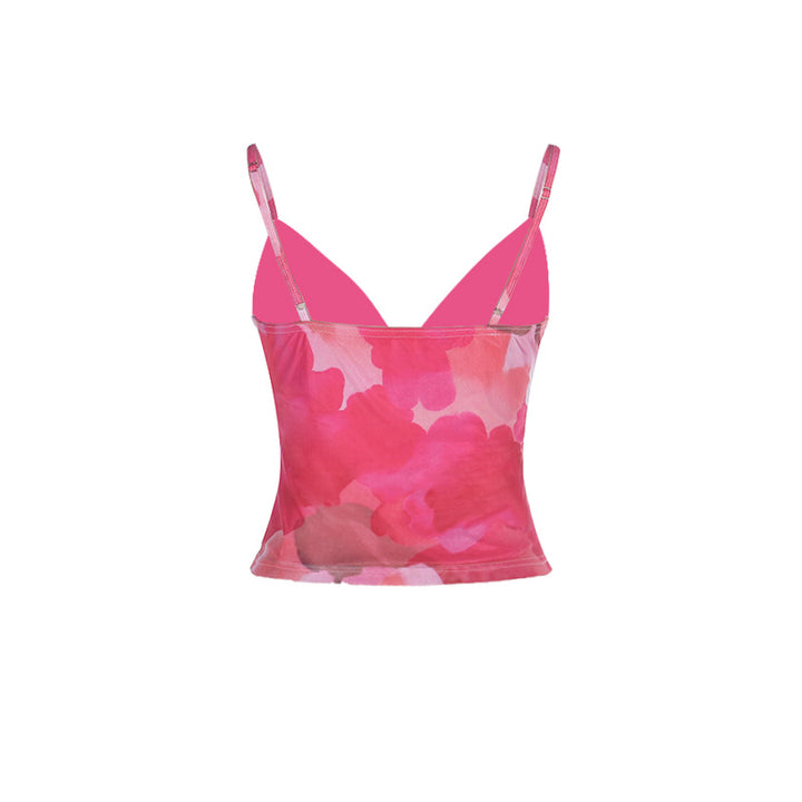 Women Elegant Spaghetti Strap Top with Floral Pattern and Sparkling Decollete Lune London
