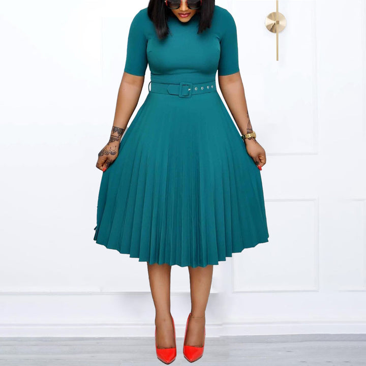 Women's Pleated Dress with Waist Belt and Elegant Silhouette Lisslune