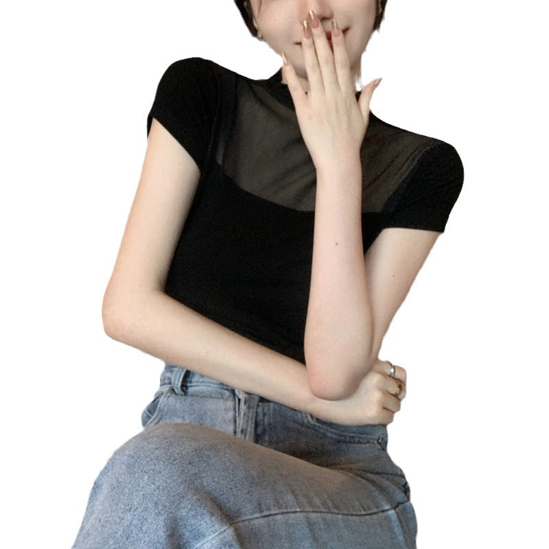 Women's fitted top with transparent mesh inserts and elegant stand-up collar